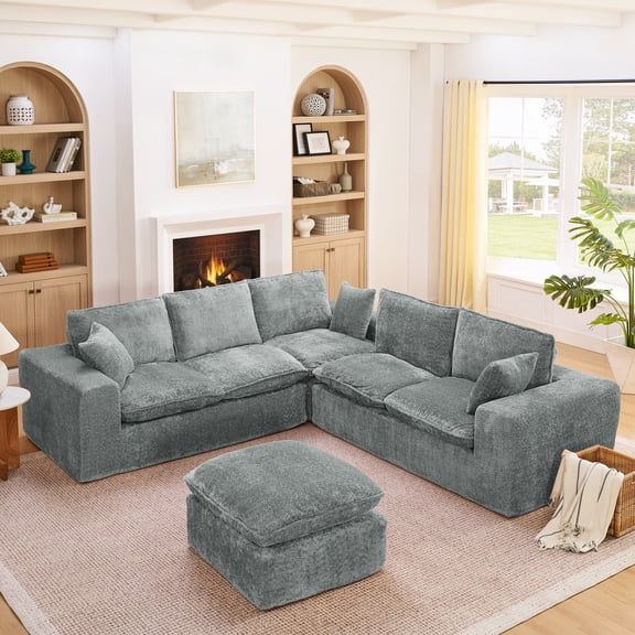LifeSky Modular Boucle L-Shaped Sectional Sofa for Small Apartment: 3 Layouts in 5 Minutes - Moveable Ottoman Included - 107'' Grey Cloud Couch for New Home Setup