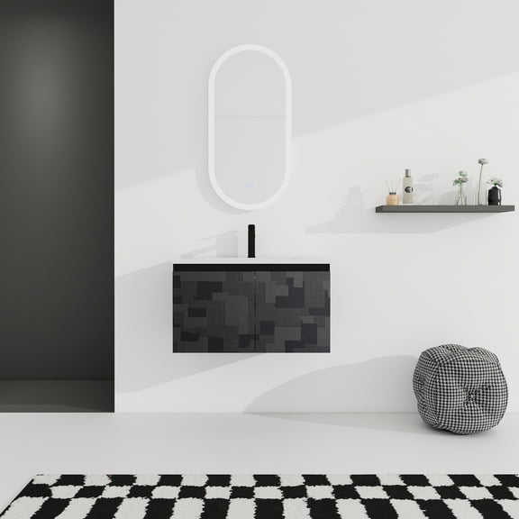 30" Floating Wall-Mounted Bathroom Vanity with Ceramics Sink & Soft-Close Cabinet Door, Black