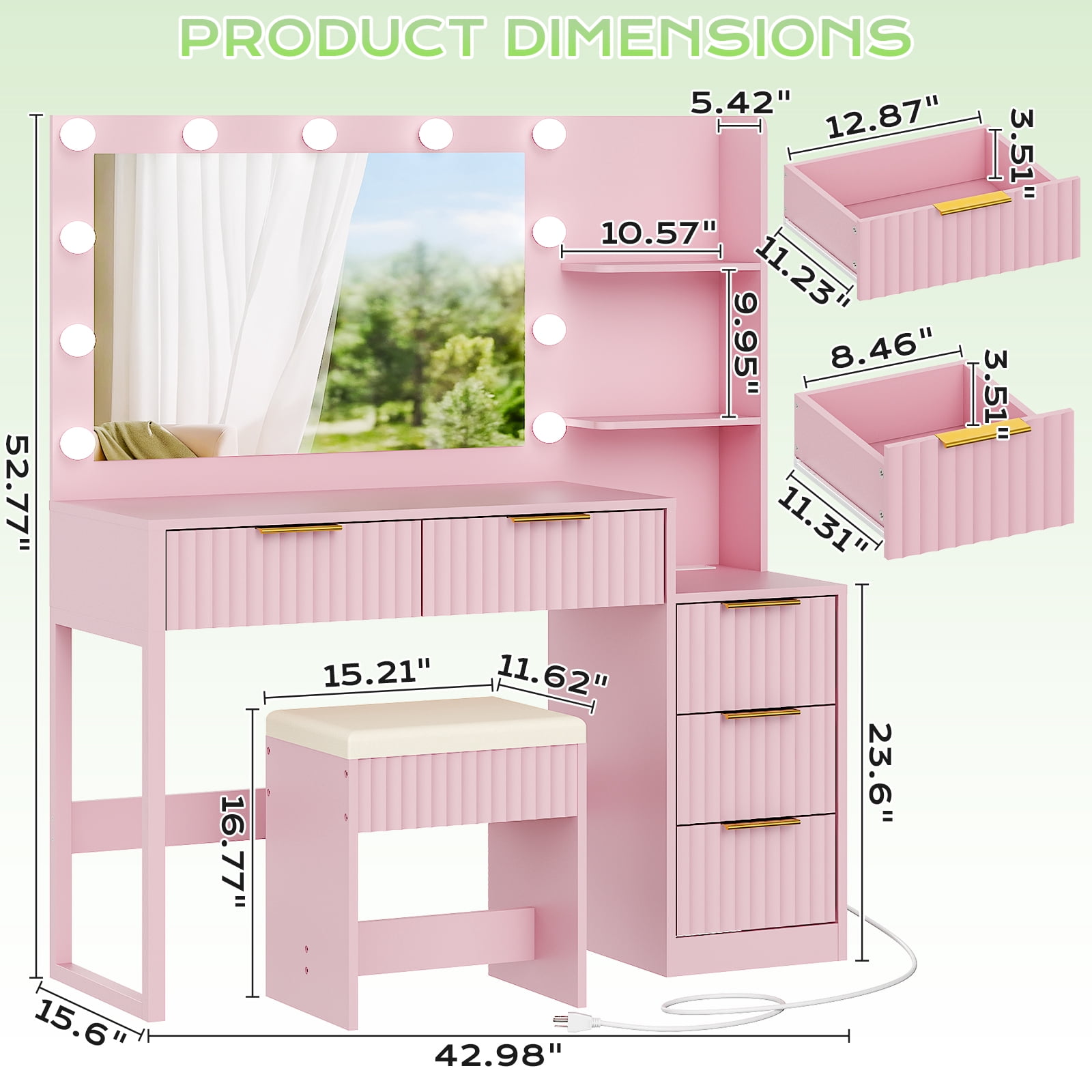 Ktaxon Flutted Makeup Vanity Table Set with 5 Drawer, Dressing Table w/Charging Station, Vanity Desk for Femal Gift, Pink