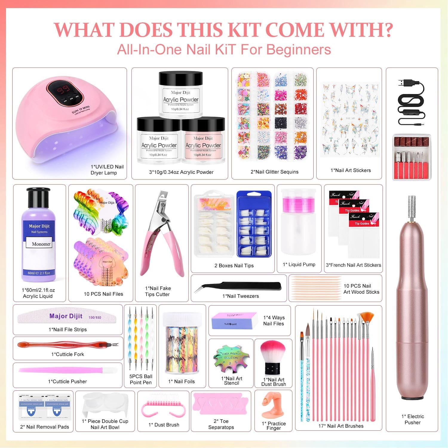 SUMMIT- Acrylic Nail Kit Starter Set Acrylic Powder with Nail Drill U V Light Professional Tools with Decoration Everything for Beginners Home Salon Gifts (Clear/White/Nude)