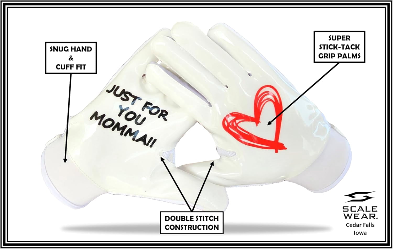 Scale Wear Design Just for You Momma Football Gloves Sticky Tacky Pro Grip Super Palms Boost Your Game Glove Sizes Youth Adult Mens (White, Youth - Large)