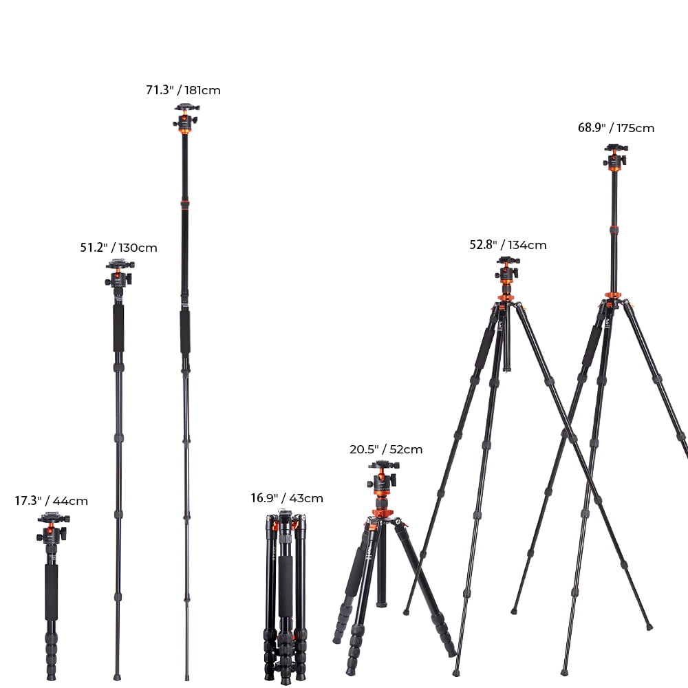 K&F CONCEPT 67" Camera Tripod Monopod with Ball Head 10kg/22lbs Load Capacity K255A4+BH-28L(TM2515M1)