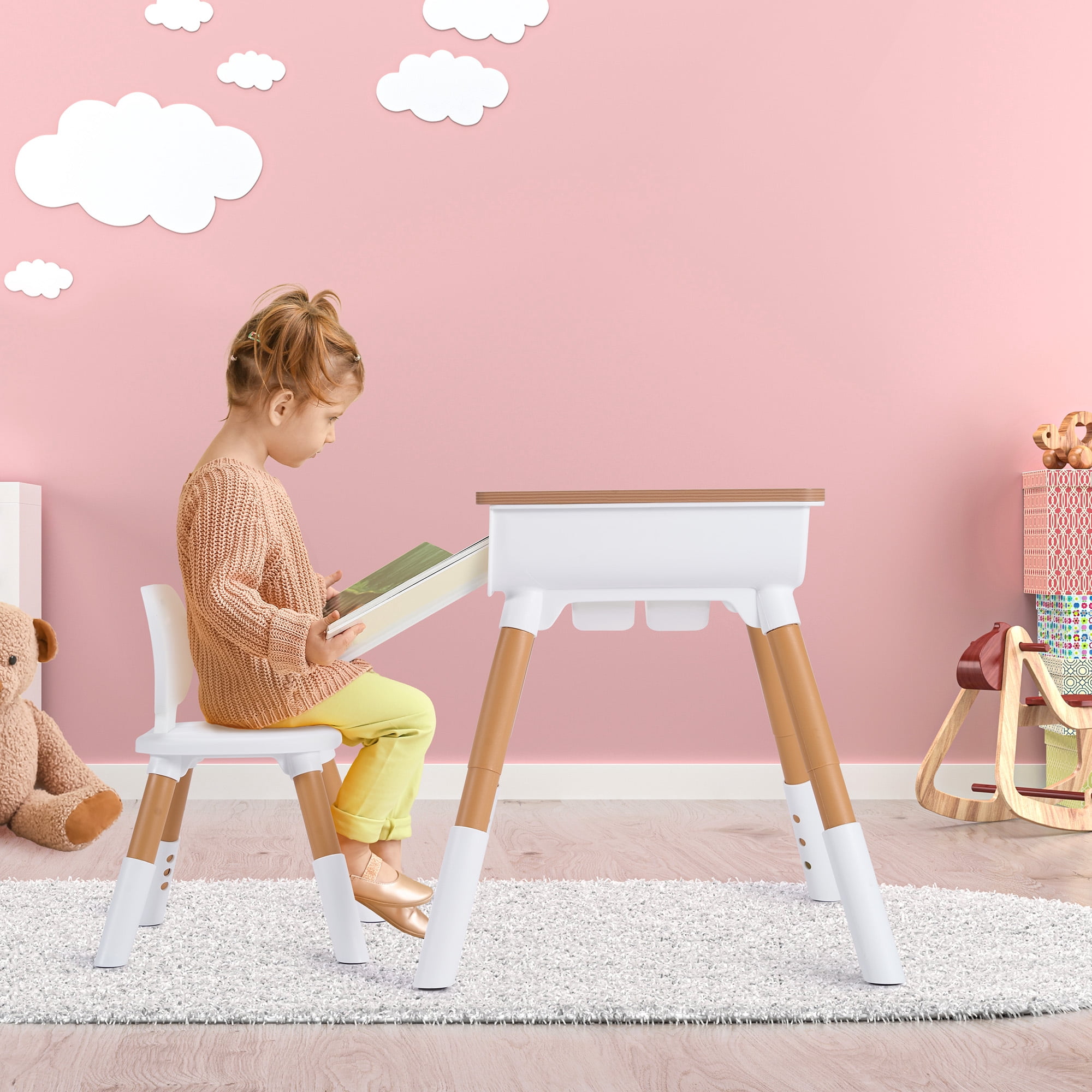 Naipo Adjustable Toddler Table and Chair Set with Drawer and Basket, Kids Furniture for Reading, Drawing, Eating, Preschool, Ages 3-8, White