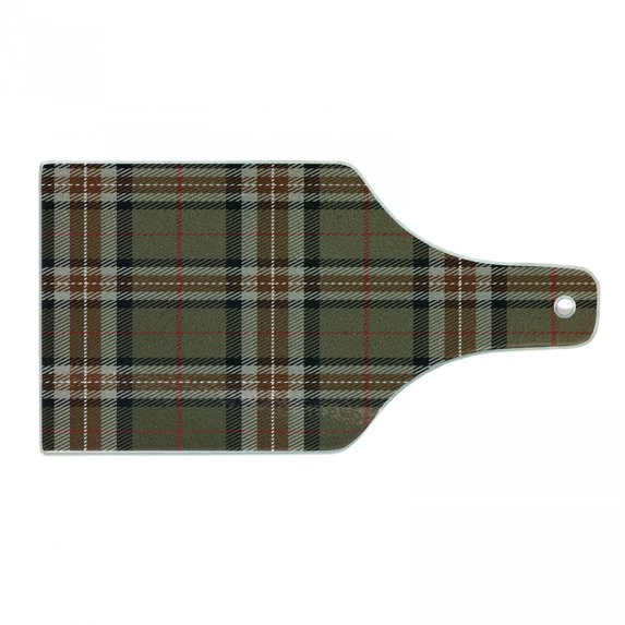 Checkered Cutting Board, Scottish Tartan Geometrical Pattern Culture Folk Elements, Decorative Tempered Glass Cutting and Serving Board, Wine Bottle Shape, Charcoal Grey Pale Brown, by Ambesonne