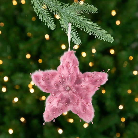 Northlight Plush Feather Star Glittered Christmas Ornament with Hearts -12" - Pink