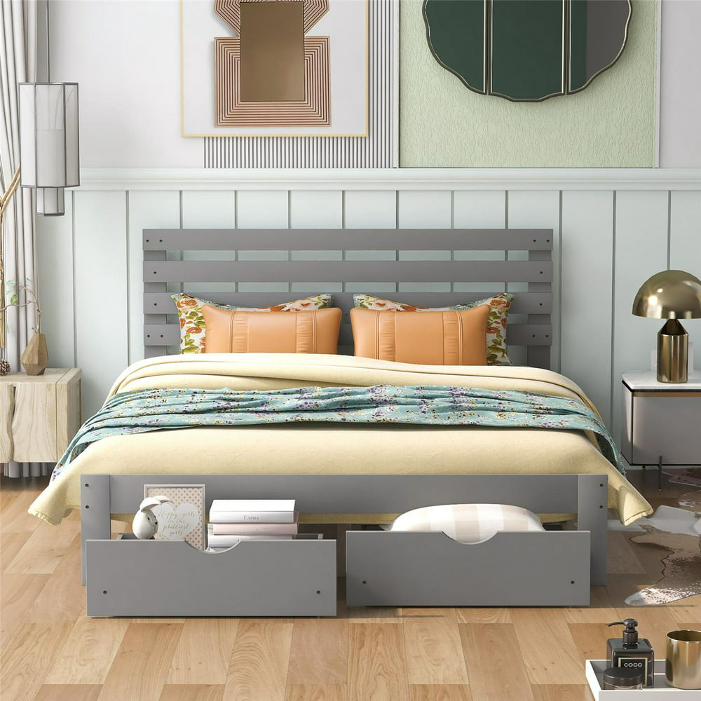 Queen Size Solid Pine Wood Frame, Platform Bed with Headboard and 2