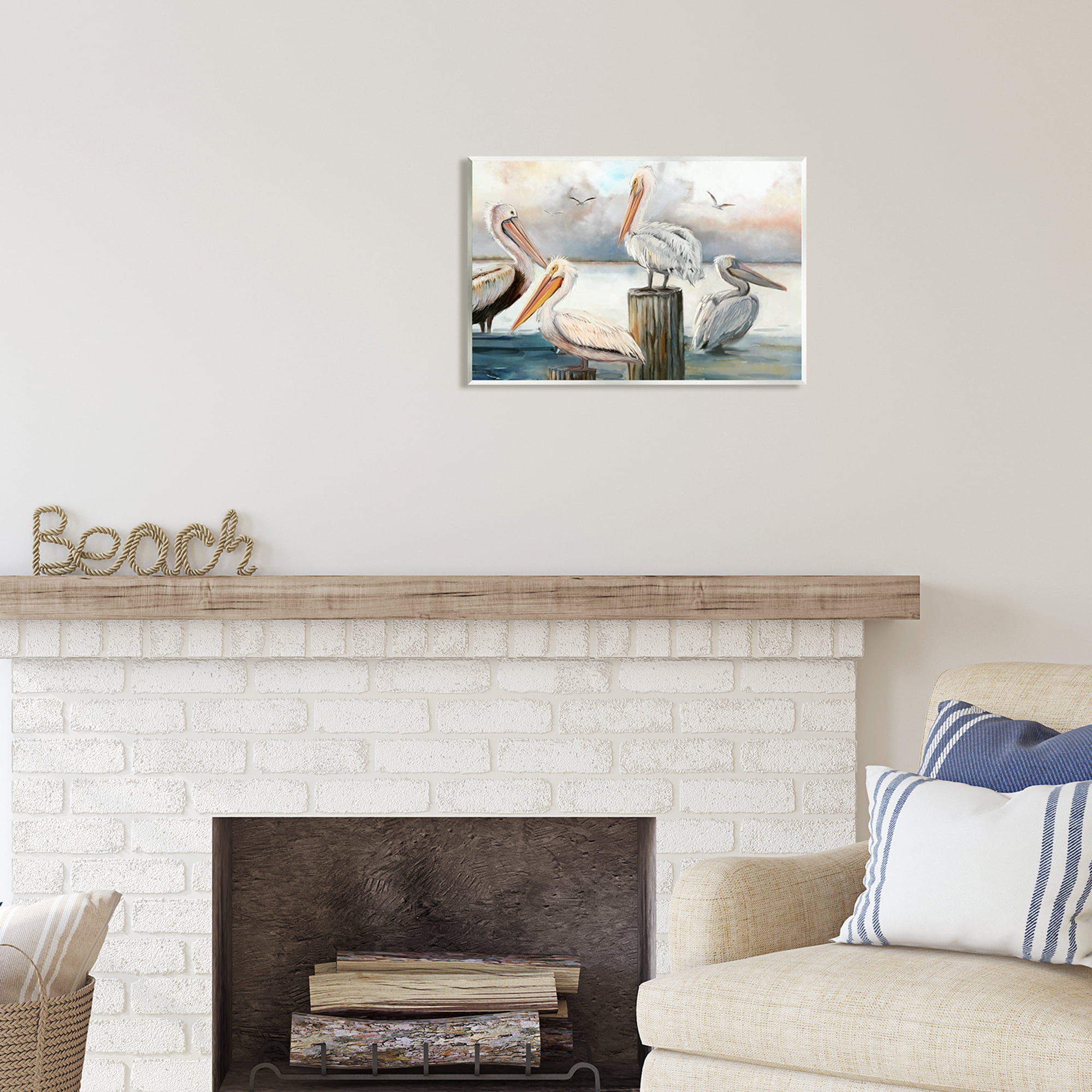 Stupell Industries Pelicans Perched Cloudy Horizon Coastal Painting Unframed Art Print Wall Art