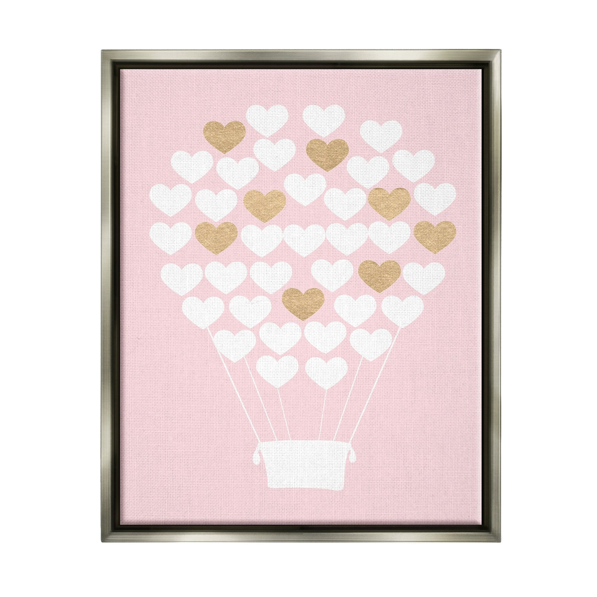 Stupell Industries White Gold Pink Heart Hot Air Balloon Luster Gray Framed Floating Canvas Wall Art, 16x20, by Daphne Polselli