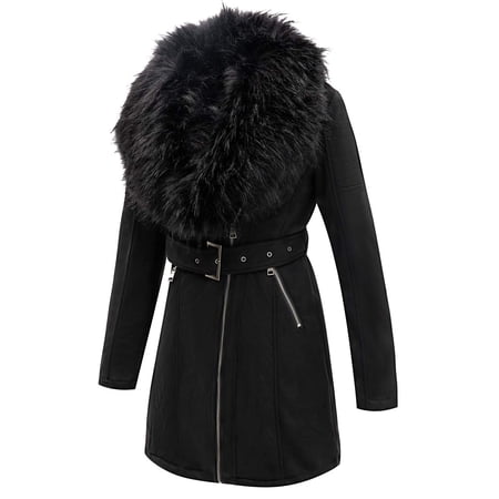 Giolshon Women's Pea Coat Faux Suede Leather Long Jacket Wonderfully Parka Outwear with Detachable Fur Collar