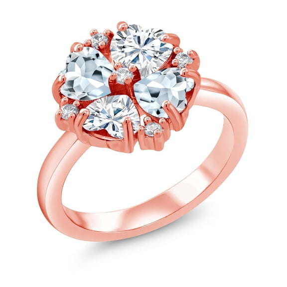 Gem Stone King 18K Rose Gold Plated Silver Sky Blue Aquamarine and Moissanite Ring for Women (1.91 Cttw, Heart Shape 5MM, Gemstone March Birthstone, Size 6)