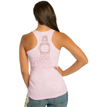 Sweet Vibes Women Tank Tops Baby Pink Stretch Rib Razorback With Crotchet