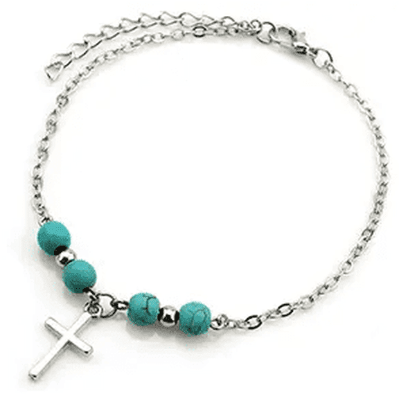 Silver tone Beaded Chain Anklet with Cross