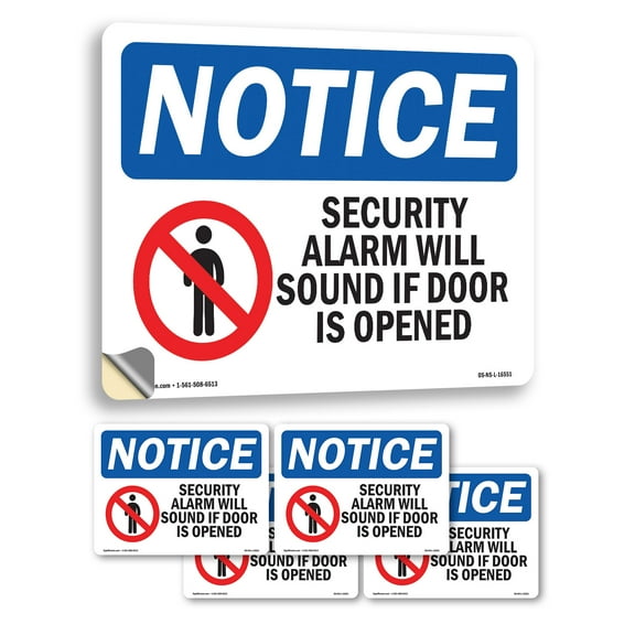 Security Alarm Will Sound If Door Is Opened OSHA Notice Vinyl Decal Label 14 Inch x 10 Inch - 5 Pack