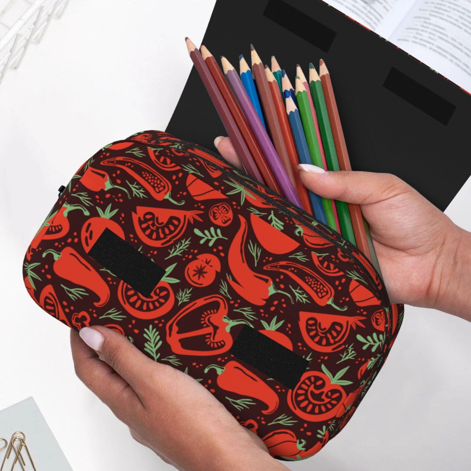 Rateoe Tomatoes And Chili Pattern Double Clamshell Pen Case, Storage Organizer with Two Zipper Compartments– Holds Up to 50 Pencils & Pens