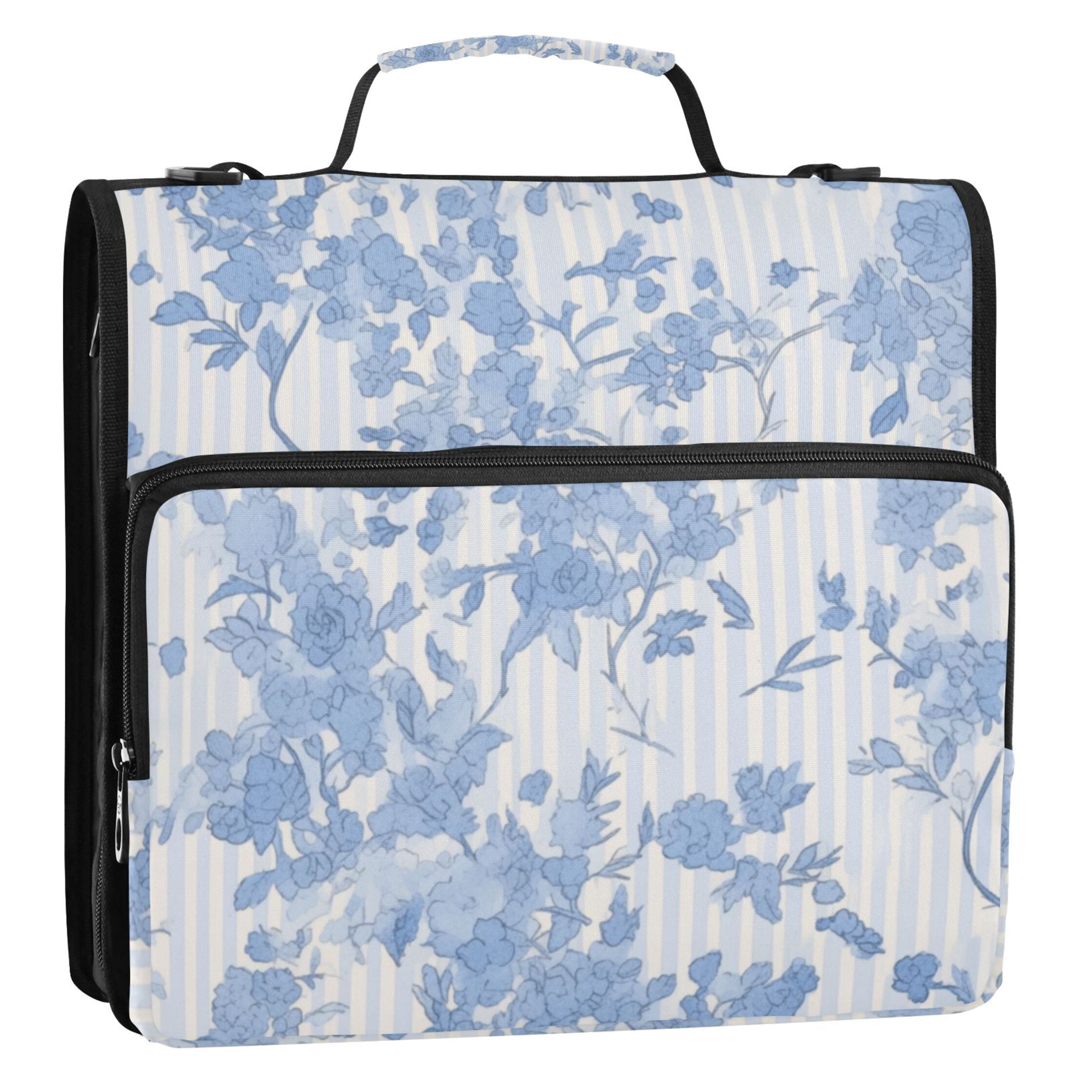 3 Ring Zipper Binder with Shoulder Strap Waterproof Trapper Keeper 2 Inch D-Ring 500 Sheets Capacity Blue White Stripes and Blue Flowers