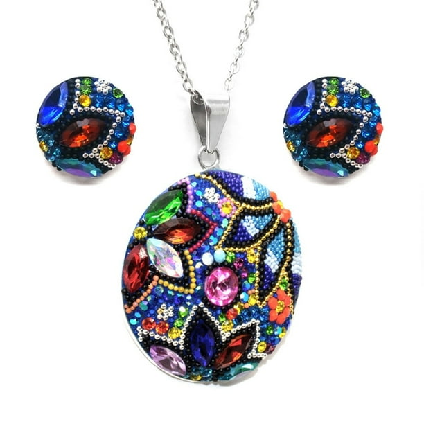 Juego de aretes y cadena con dije circular ZVEZDA plata mexicana ley .925 multicolor