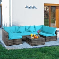 Patiojoy 7 PCS Outdoor Patio Furniture Set All-Weather PE Rattan Sofa Set w/Coffee Table & Cushions Turquoise