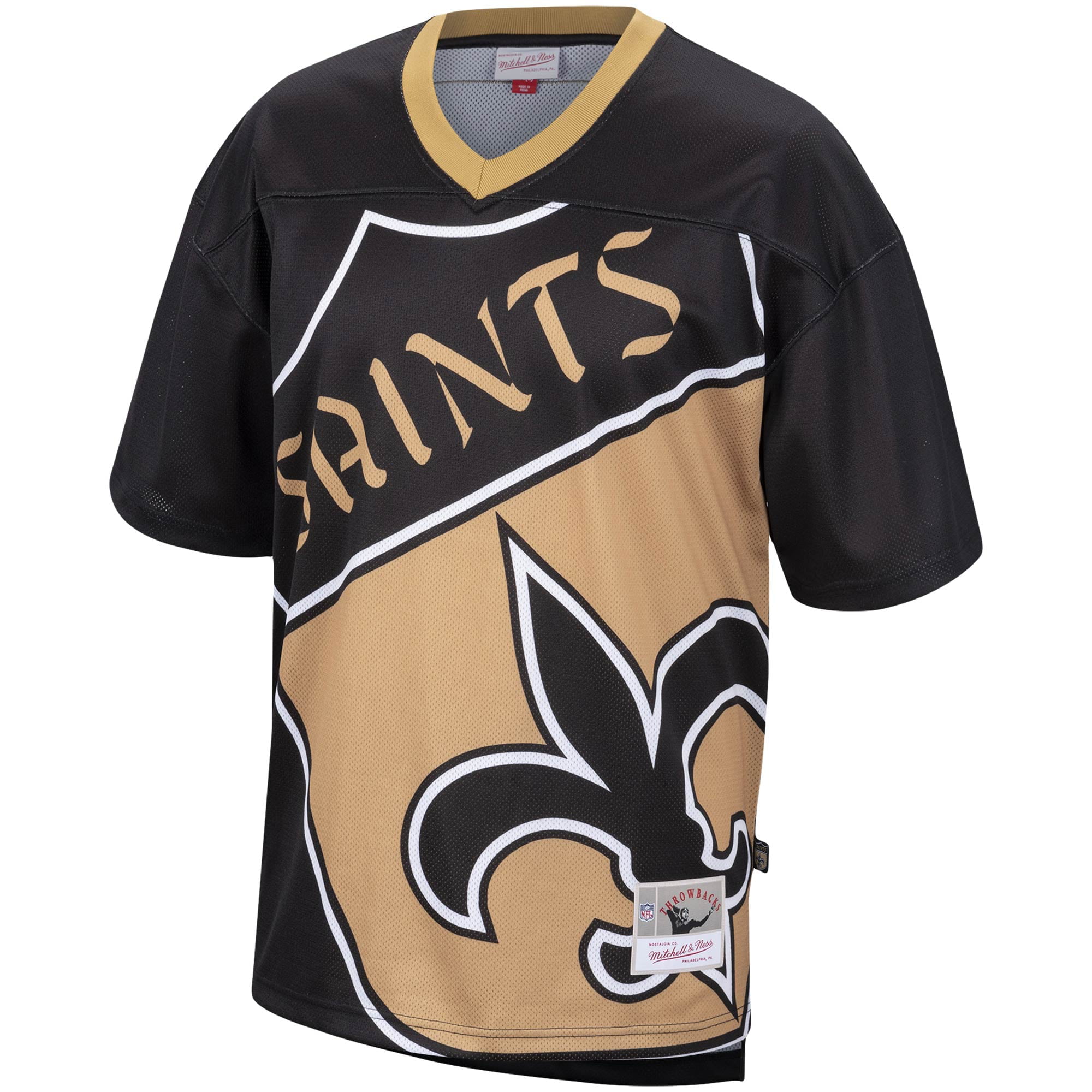 Men's Mitchell & Ness Black New Orleans Saints Big Face Historic Logo  V-Neck T-Shirt