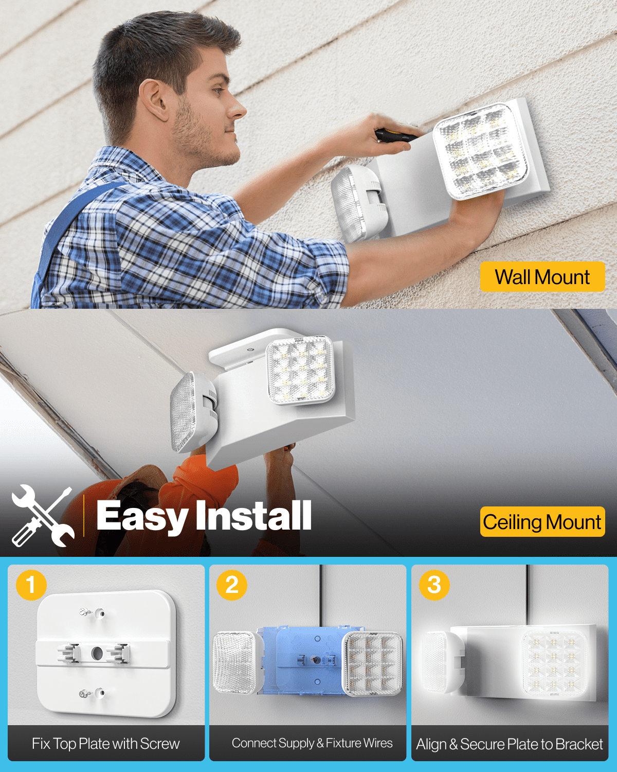 Sunco LED Emergency Lights, Commercial Lighting for Business, Power Outages, Offices, With Backup Battery (90 Minutes), Wall Mount, Hard Wired, 120-277V, Fire Resistant (94V-0) UL.