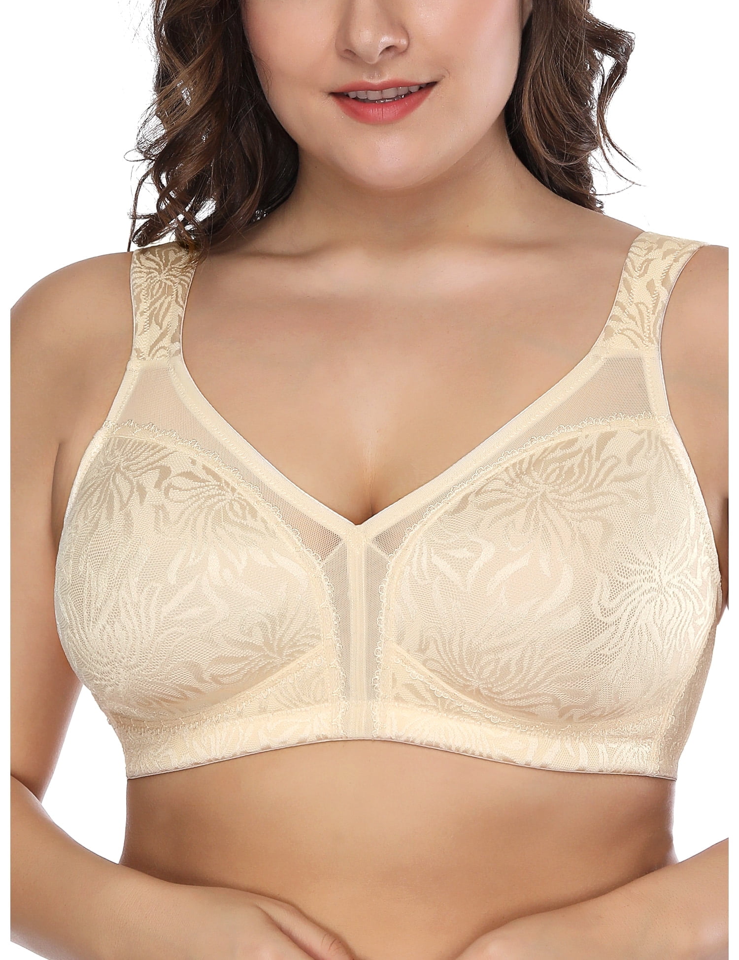 Deyllo Women's Non Padded Wireless Bras Plus Size Full Coverage Minimizer Bra, Beige 36G