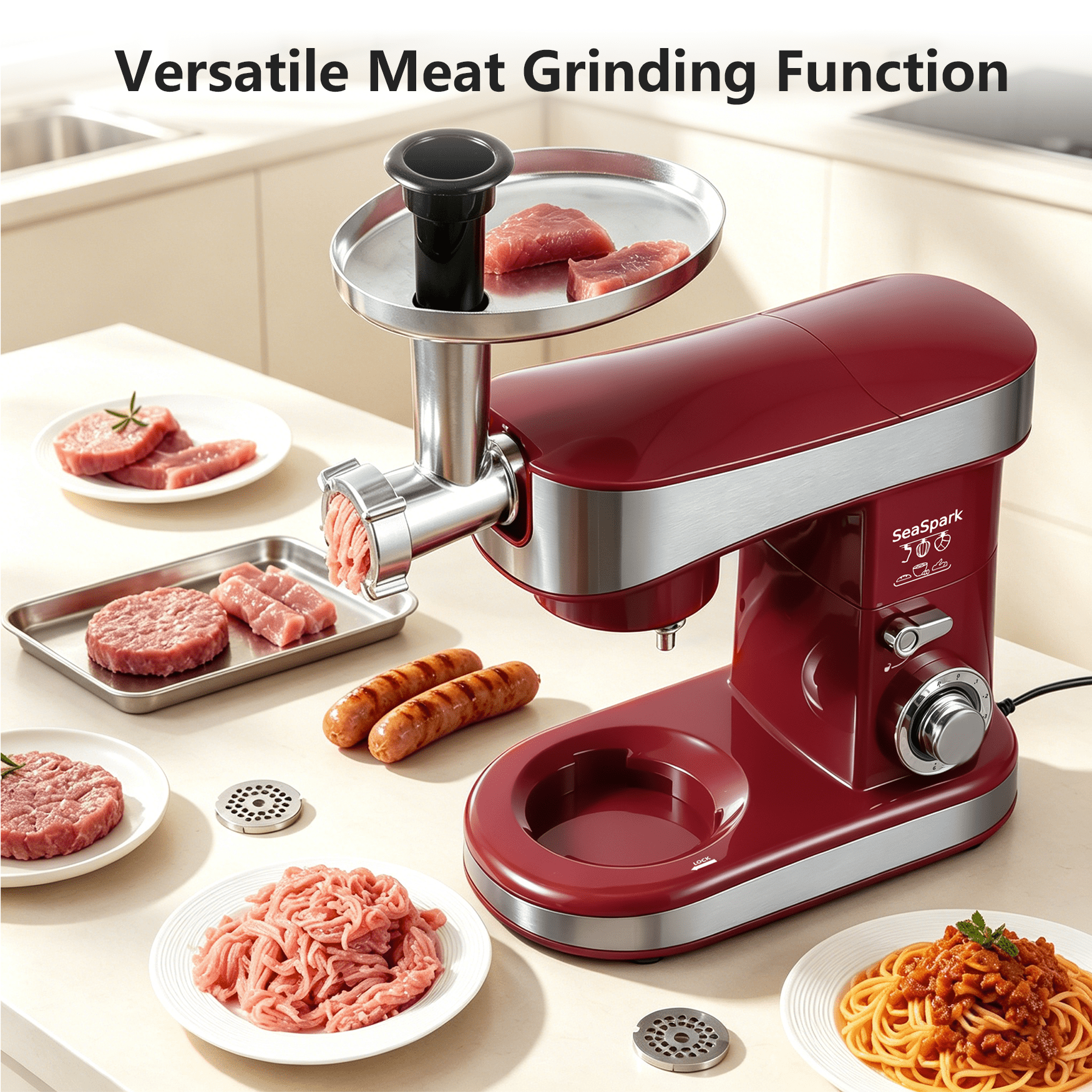 SeaSpark 6-in-1 Multifunctional Stand Mixer 6.3 QT 6-Speed Electric Kitchen Mixer with Bowl, Juicer & Meat Grinder, 400W Red
