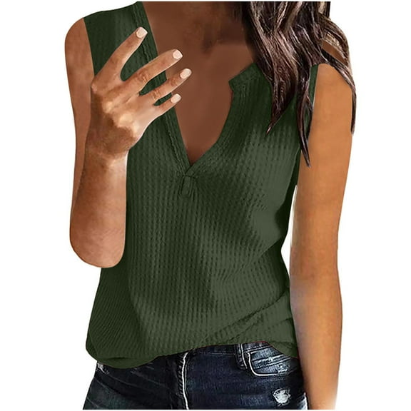 Scyoekwg Tank Tops for Women Classic Solid Color Trendy Loose Fit Summer Notch Neck Casual Sleeveless Tops Tank Top Shirt Army Green L(8)