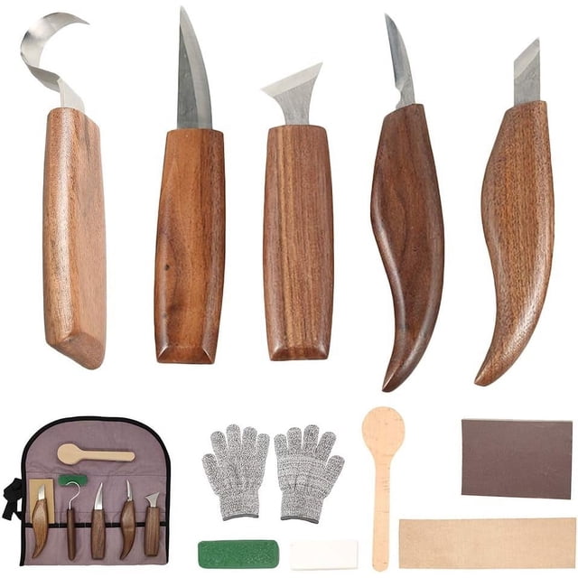Complete Wood Carver’s Treasure, Ergonomic Walnut Handle Tools, Storage Bag, Detail Wood Carving Knife, And Cut Resistant Gloves For Safe And Precise Crafting