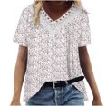 thumbnail image 3 of Zpanxa Summer Tops for Women 2023 Trendy Casual Cap Sleeve Lace Stitching T Shirts Blouse, Loose V Neck Short Sleeve Tee Shirts, Cute Floral Print Boho Summer Tops White L, 3 of 7