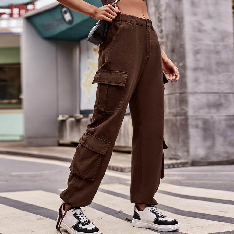 Daznico Women Solid Cargo Pants Drawstring Elastic High Waist Ruched Baggy  Cargo Pants Multiple Pockets Jogger Pant Pants for Women Coffee XXL