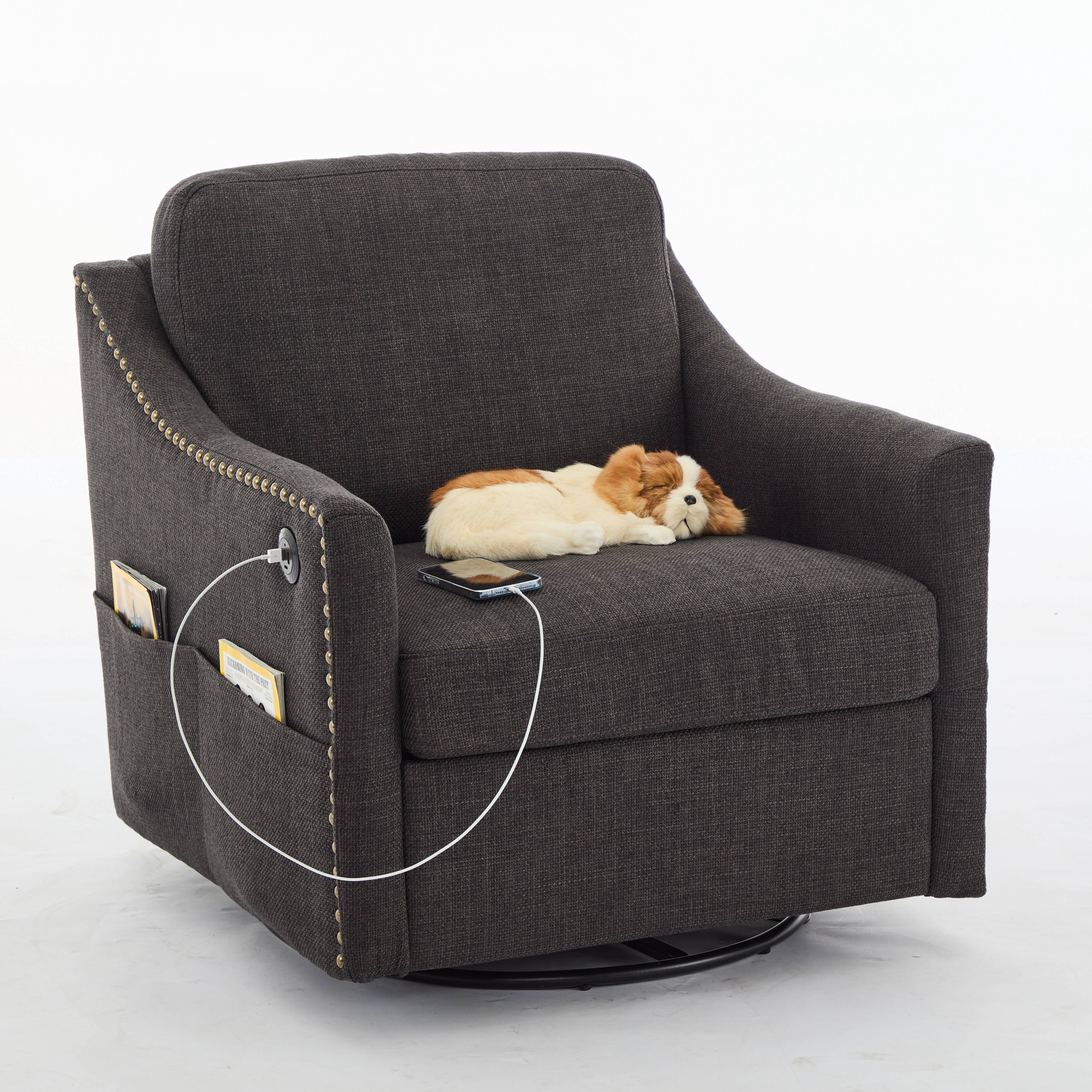 PORKISS Modern Swivel Accent Chair, 360 Rotating with USB & Magazine Pockets, Dark Gray