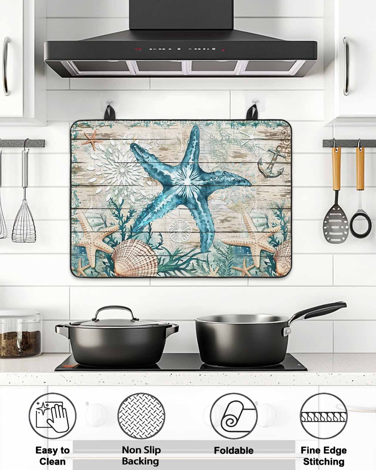 Stove Top Covers for Electric Stove, Teal Starfish Coastal Glass Stovetop Cover Protector, Summer Beach Nautical Retro Induction Cooktop Protector Oven Mat for Kitchen Countertop 24"x21"