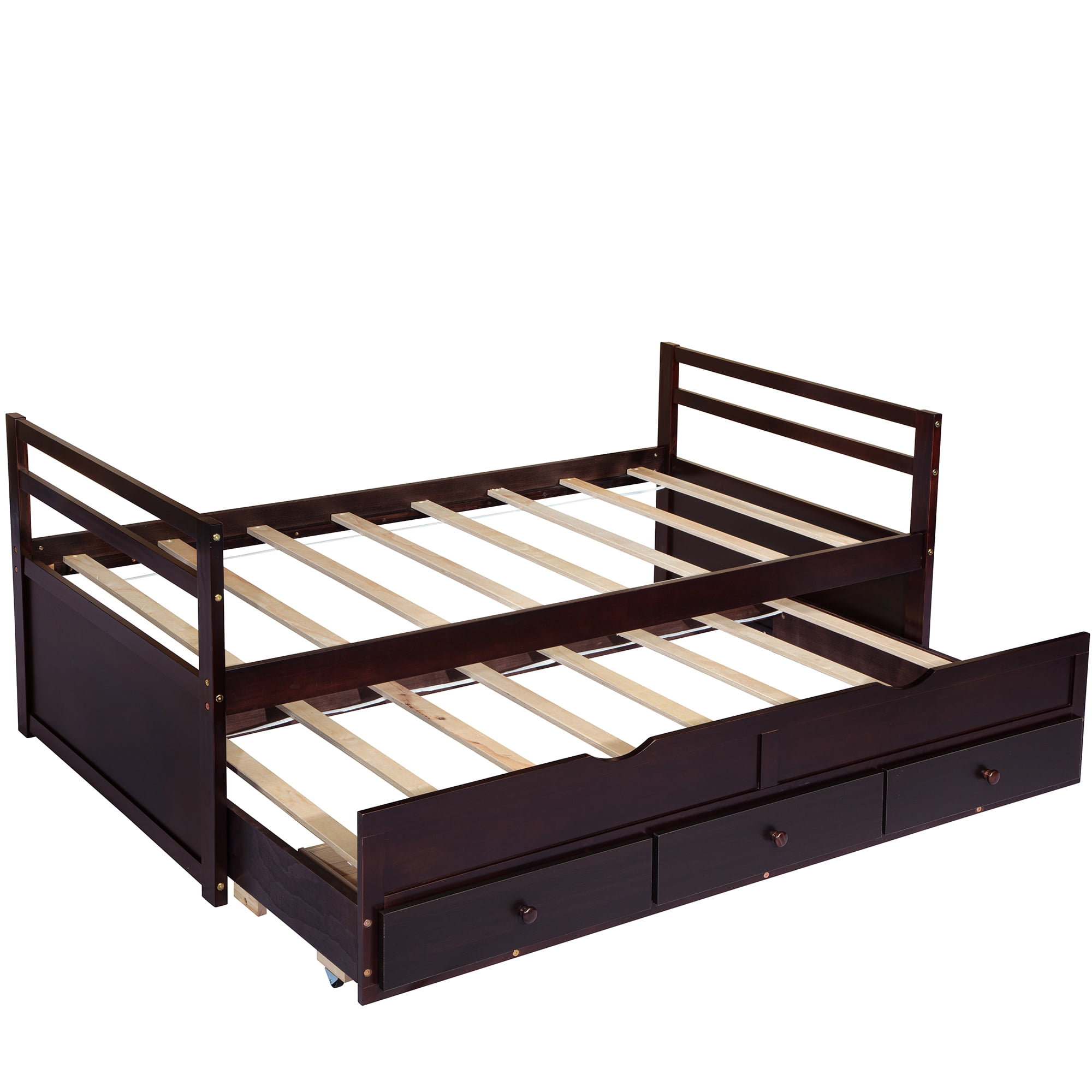 Miniyam Wood Twin Size Bed with Trundle, Storage Drawers for Kids, Espresso