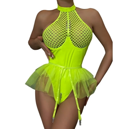 STARVNC Women Halter Neck Mesh Hem Leather One Piece Neon Lingerie