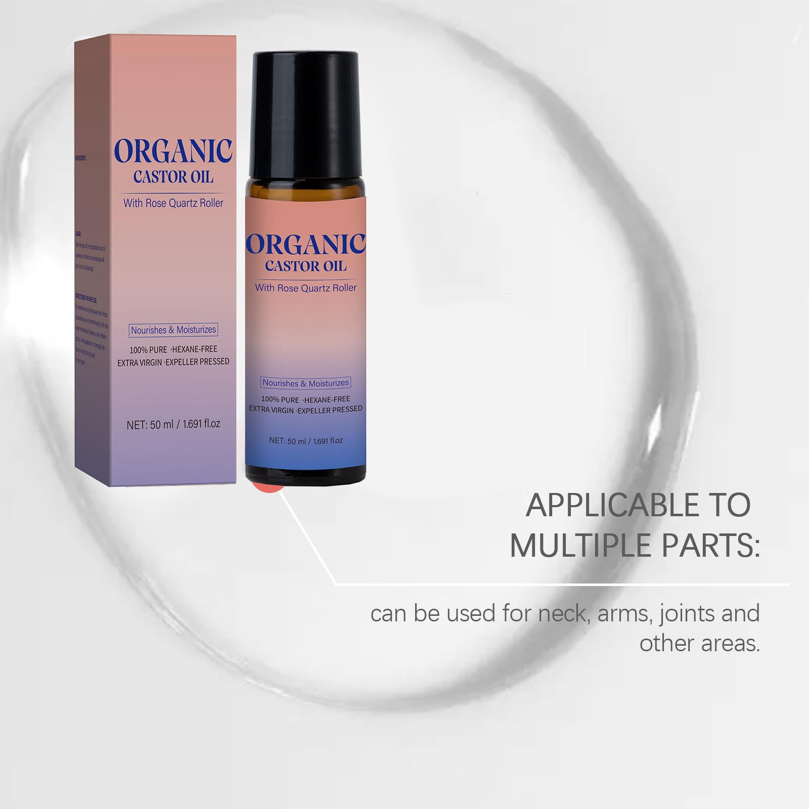 Organic Castor Oil Roll-On with Rose Quartz Roller, 50ml Bottle with Roller Ball, 100% Pure Extra Virgin Cold-Pressed for Skin, Brows & Lashes