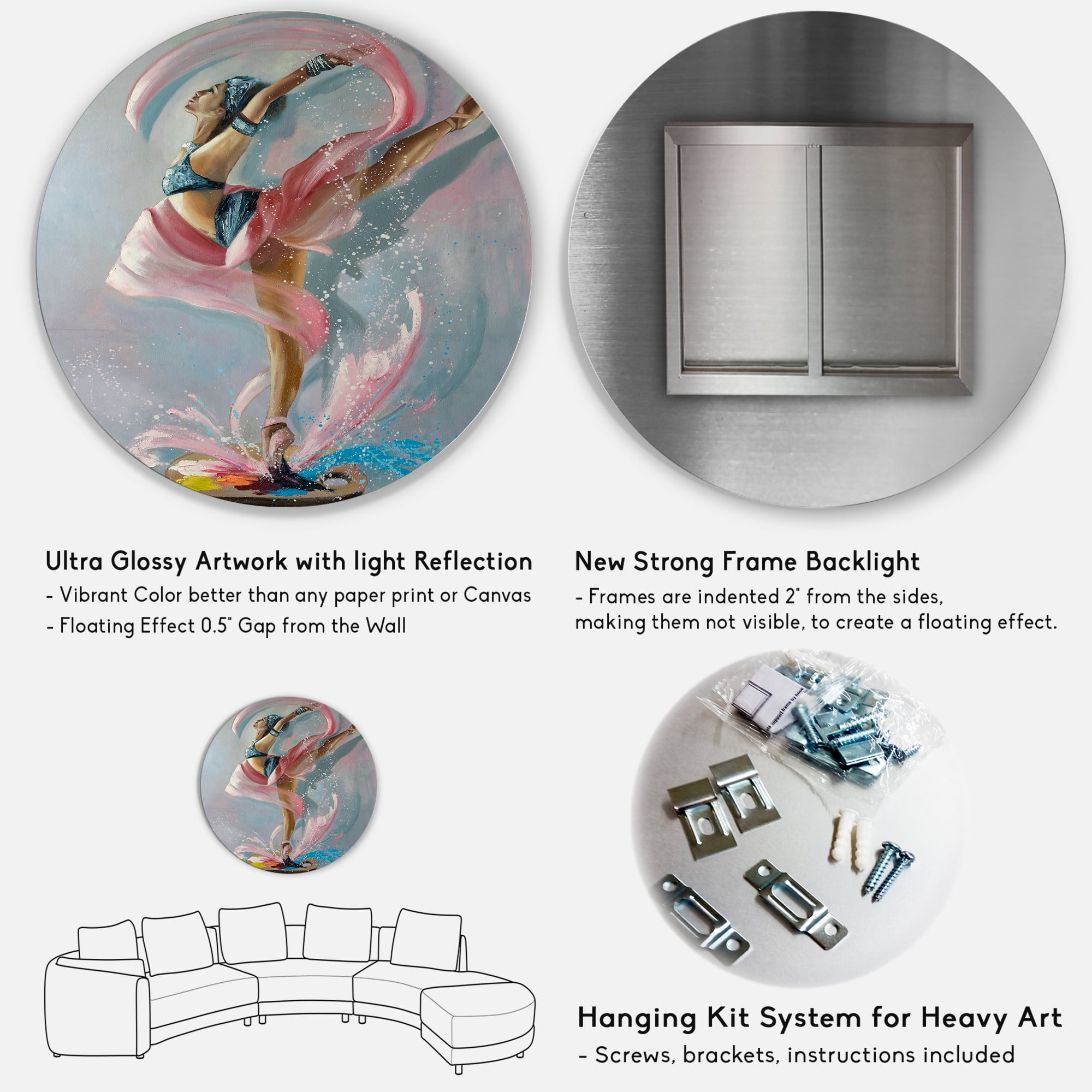 Designart 'Graciously Dancing Girl In Pink Drapes' Traditional Circle Metal Wall Art 29x29 - Disc of 29