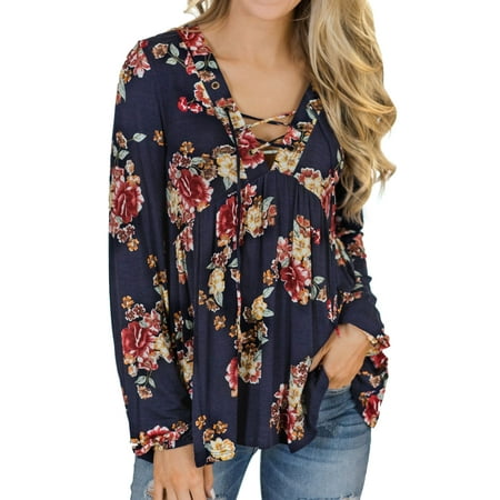 - Nlife Women Floral Print Lace Up Long Sleeve Peplum Top