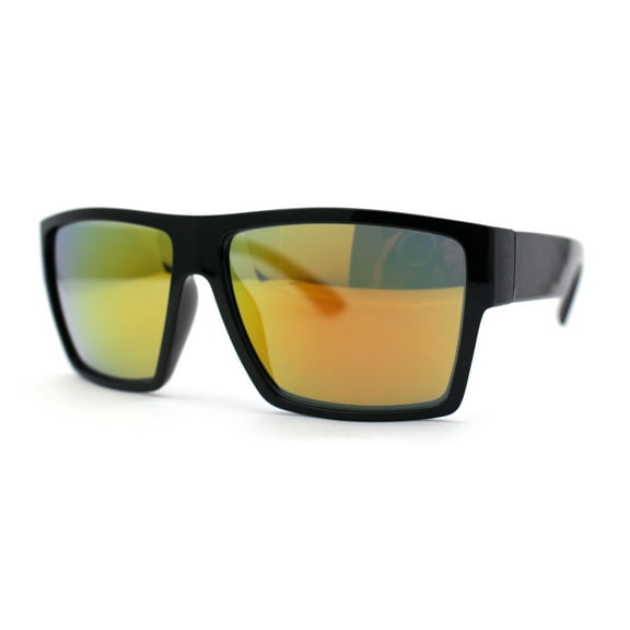 Mens Flat Top Sport Rectangle Horn Rim Sunglasses Shiny Black Orange Mirror