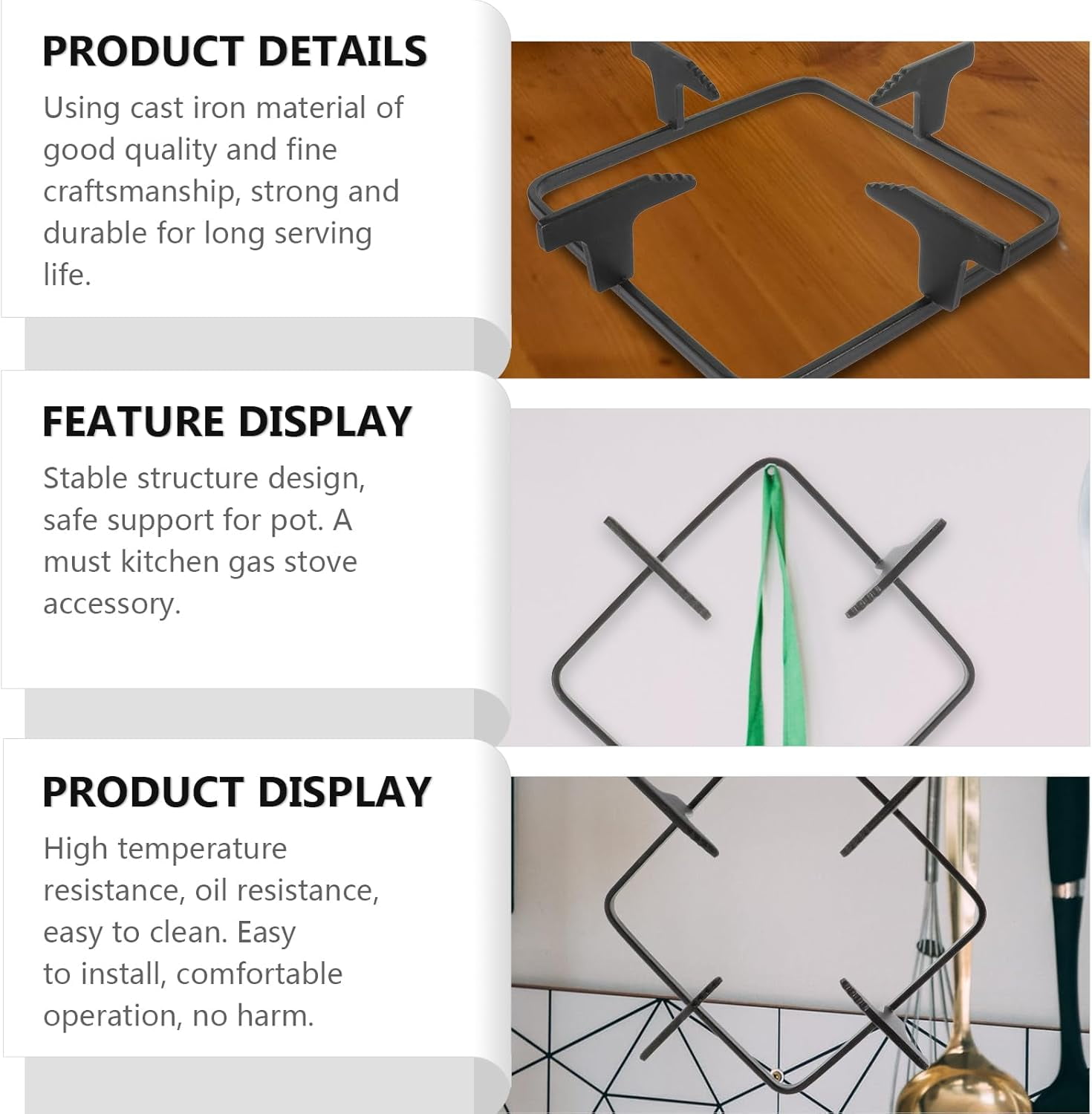 ABCISI Wok Ring, Heavy Duty Cast Iron Wok Support Ring, Sturdy Square Kitchen Pan Rack for Gas Burners, Non-Slip Wok Pan Stand Holder, Pot Rack Stove Trivets, 7.87 inch