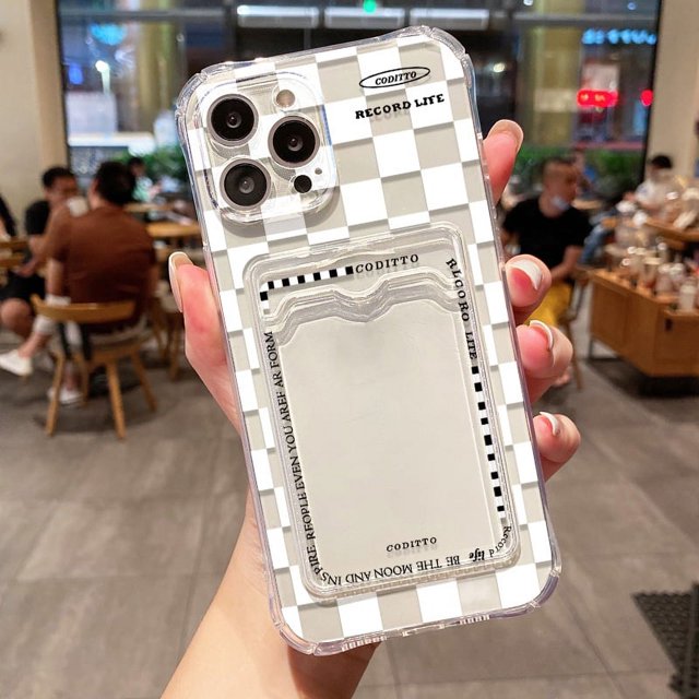 Transparent Card Slot Case For iPhone 13 14 15 16 11 12 Pro Max XR XS SE 7 8 Plus Grid Pattern Soft Pocket Holder Wallet Cover tzw