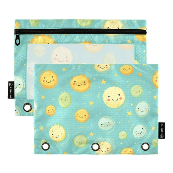 Happy Cartoon Sun 2 Pack Pencil Pouch for 3 Ring Binder Smooth Zipper Folders with Pockets Clear Window Pencil Case