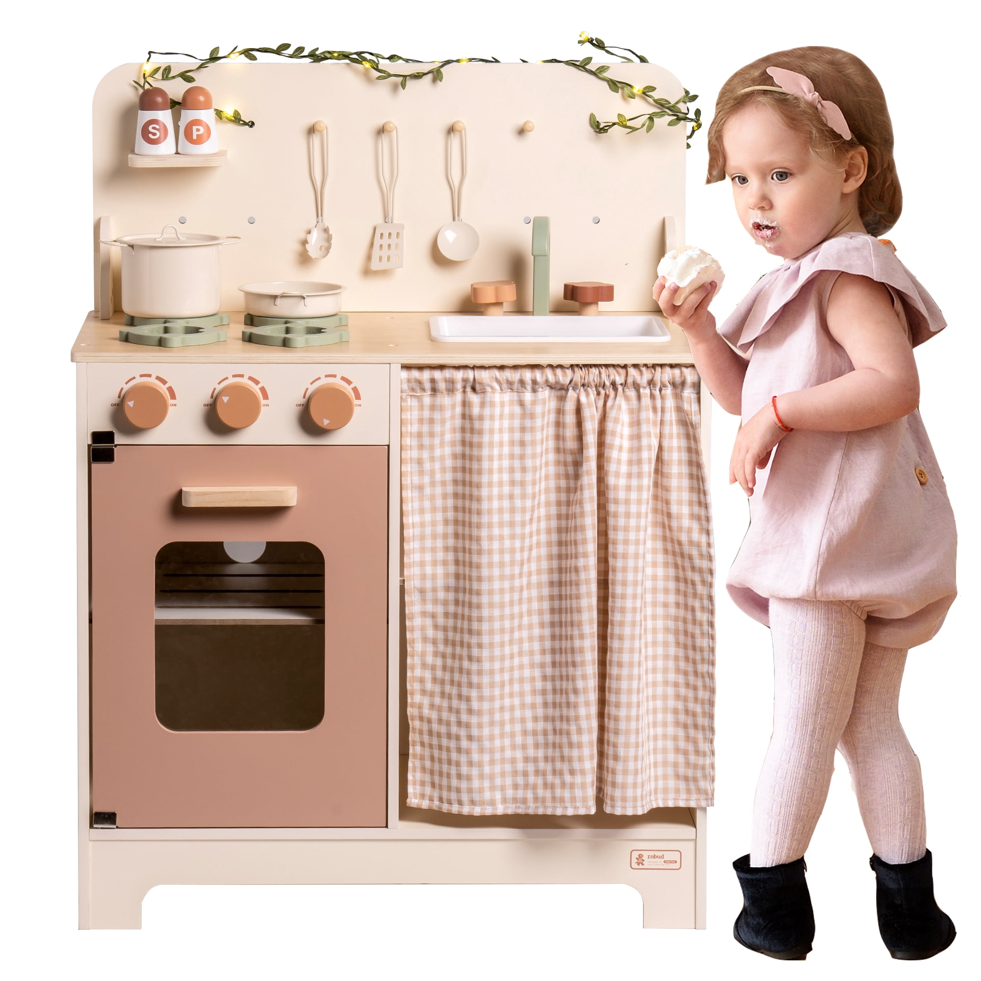 Robud Kids Kitchen Play Set,Rustic Wooden Pretend Play Kitchen with Light for Toddlers 3+ ,Rustic Style Pink