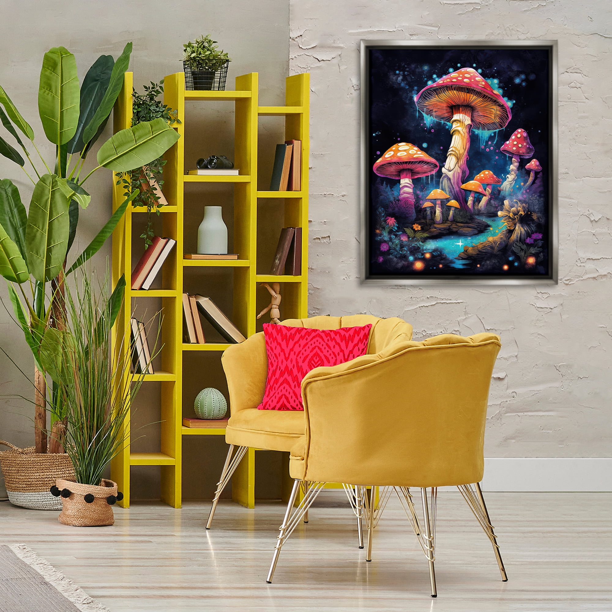 Stupell Industries Psychedelic Mushroom Scene Landscape & Nature Painting Gray Floater Framed Canvas Art Print Wall Art, 25 x 31