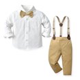 thumbnail image 4 of FYMNSI Baby Boy Long Sleeves Gentleman Outfit Clothes Sets Toddler Formal Bowtie Shirt Suspender Pants Wedding Dress Suits 2-3T Kahaki, 4 of 10