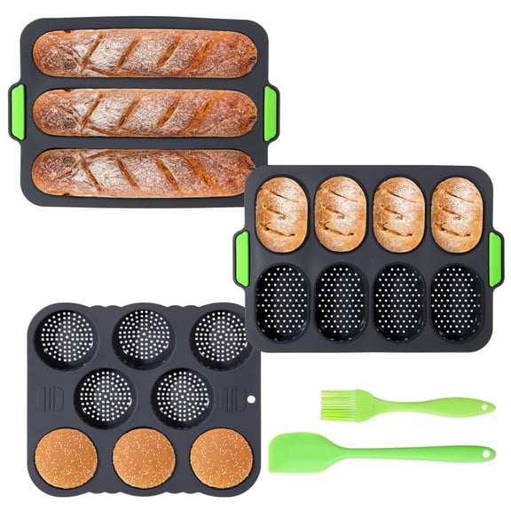 5 PCS French Bread Silicone Baking Molds Set, Includes 3 Grids Loaf Pan, 8 Grids Bun Pan, Non-Stick Baking Tools with Scraper and Oil Brush for Home Bakery