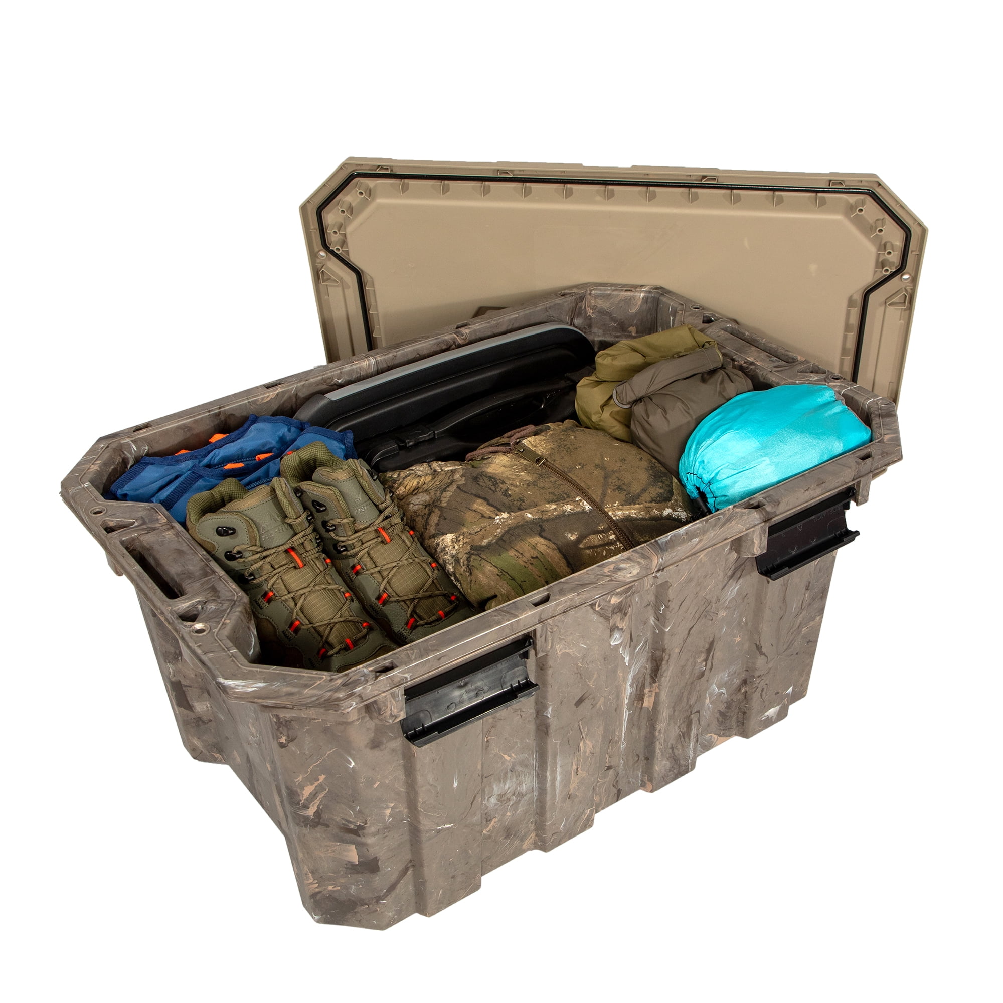 Realtree WEATHERMAX 24 Gallon Marbled and Tan Storage Tote with Latching Lid, Plastic Storage Bin, Pack of 2