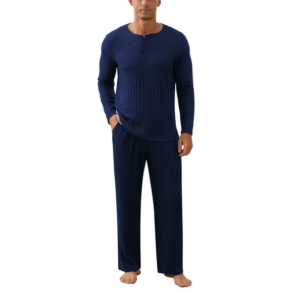 QDG Men's Pajama Set Soft Henley Neck Long Sleeve Top and Pants Brushed Ribbed Lounge Sleep Sets