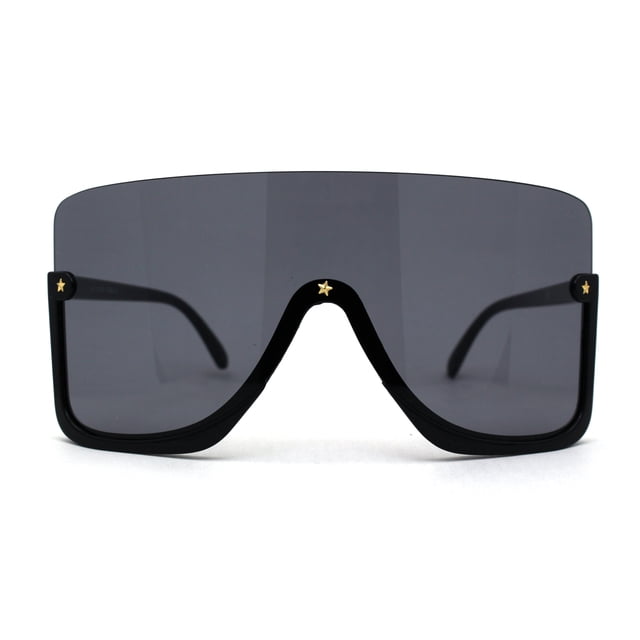 Extra Oversized Warp Curved Shield Upside Down Half Rim Sunglasses All Black