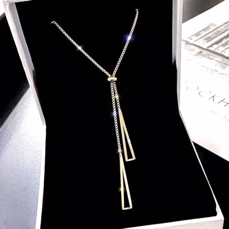Jewelry Hub Double Gold Triangle Necklace in Sterling Silver, Boho Long Chain with Bar Pendant
