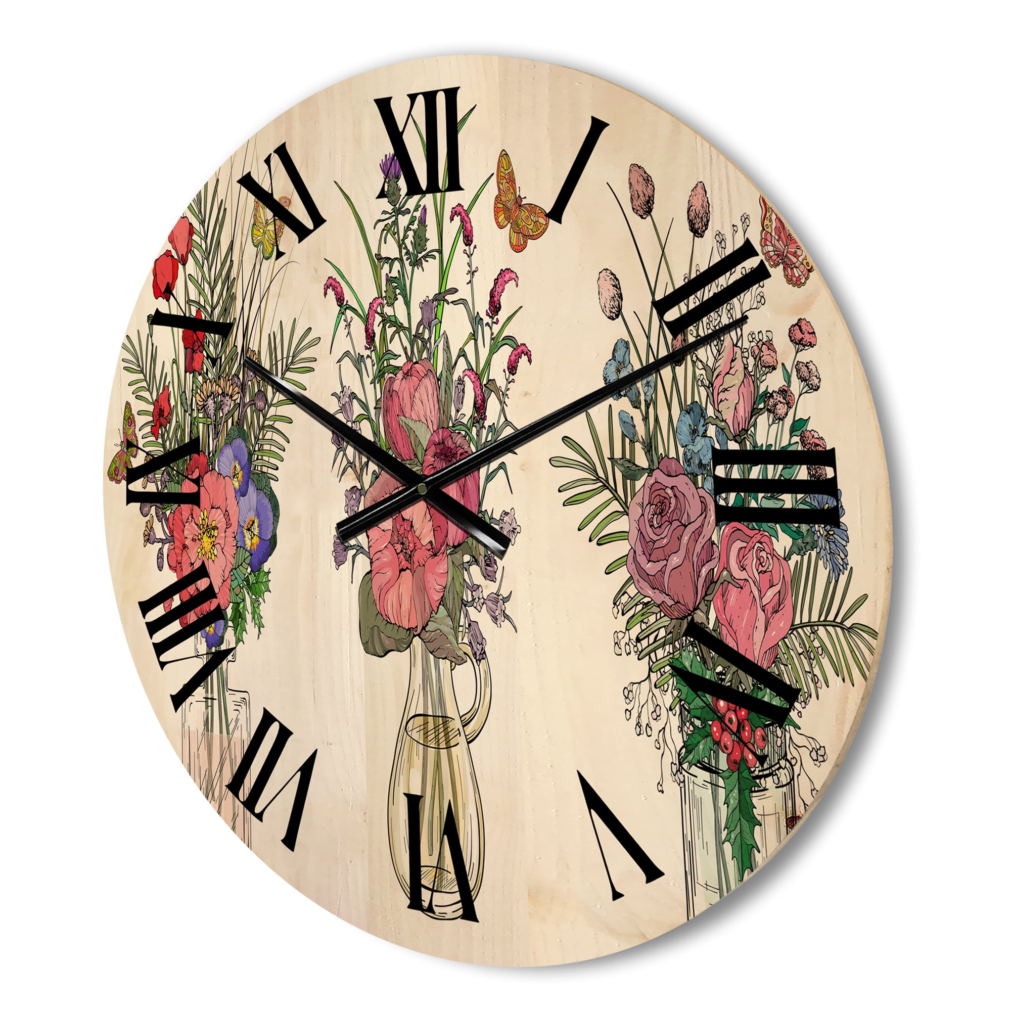 Designart 'Transparent Vases With Bouquets of Wildflowers II' Farmhouse Wood Wall Clock