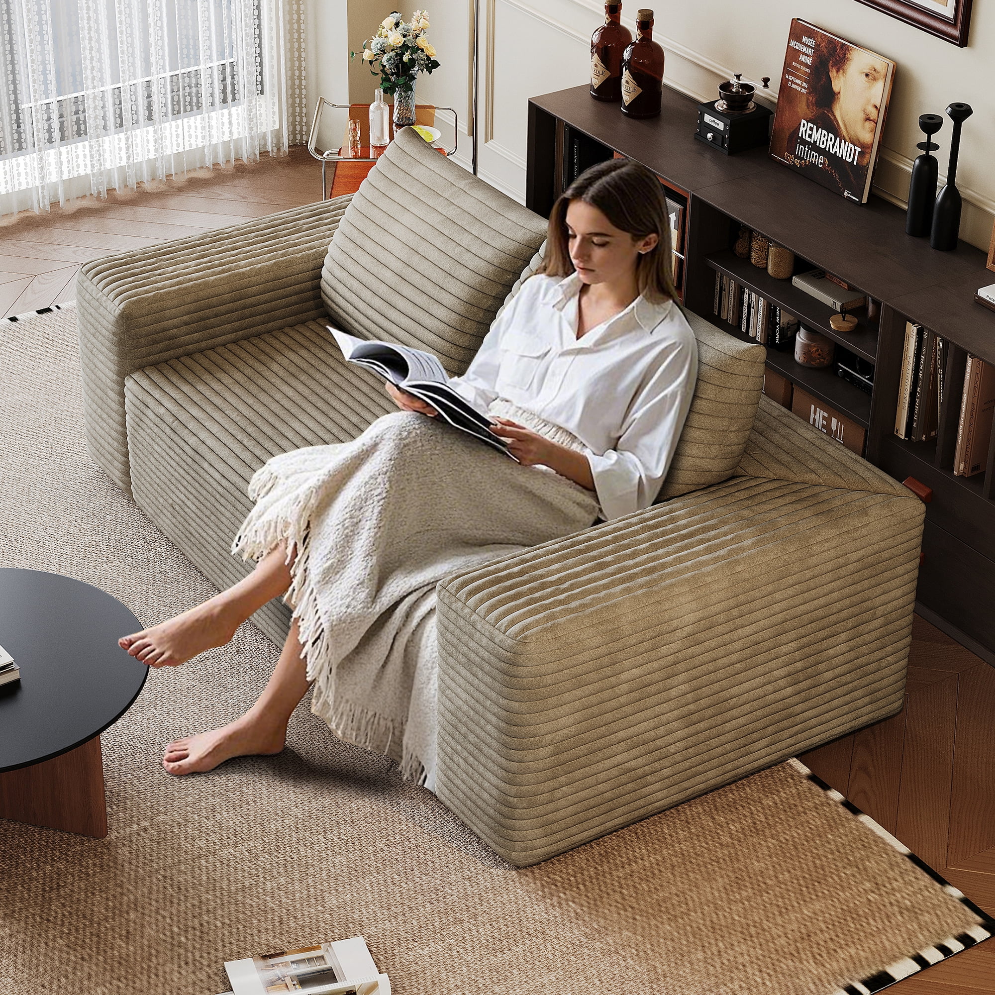 OTONIPU 63" Corduroy 2-Seater Sofa, Deep Seat Couch for Small Spaces, No Assembly, Camel